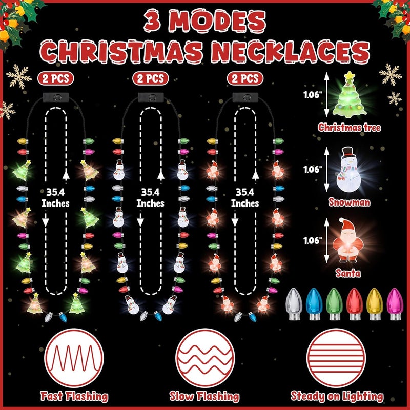 Traplace Store 6PCS Light Up Christmas Necklace, 3 Modes Christmas Accessories Multicolor Necklace Decorations, 3 Festive Designs with Santa, Tree, Snowman, Ugly Sweater Decor Xmas Theme Party Supplies - Image 2